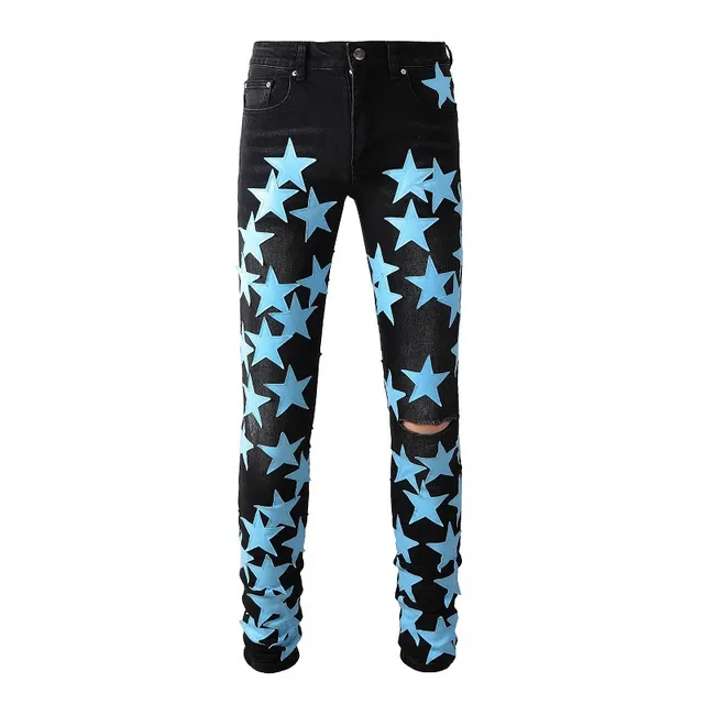 Black Blue Star-Print Appliqué Distressed Knee Jeans 12