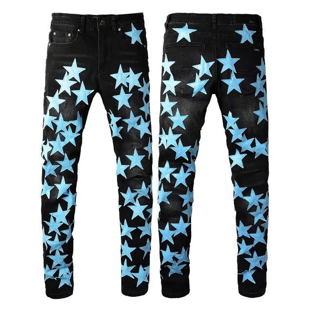 Black Blue Star-Print Appliqué Distressed Knee Jeans 13