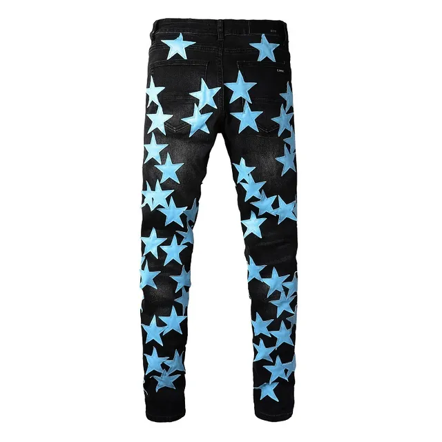 Black Blue Star-Print Appliqué Distressed Knee Jeans 14