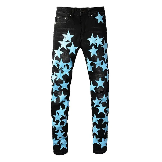Black Blue Star-Print Appliqué Distressed Knee Jeans 15