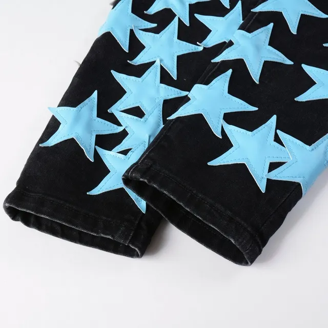 Black Blue Star-Print Appliqué Distressed Knee Jeans 17