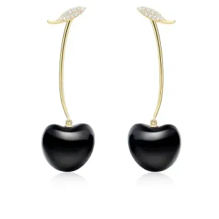Black Cherry Pendant Gold-Tone Leaf Earrings