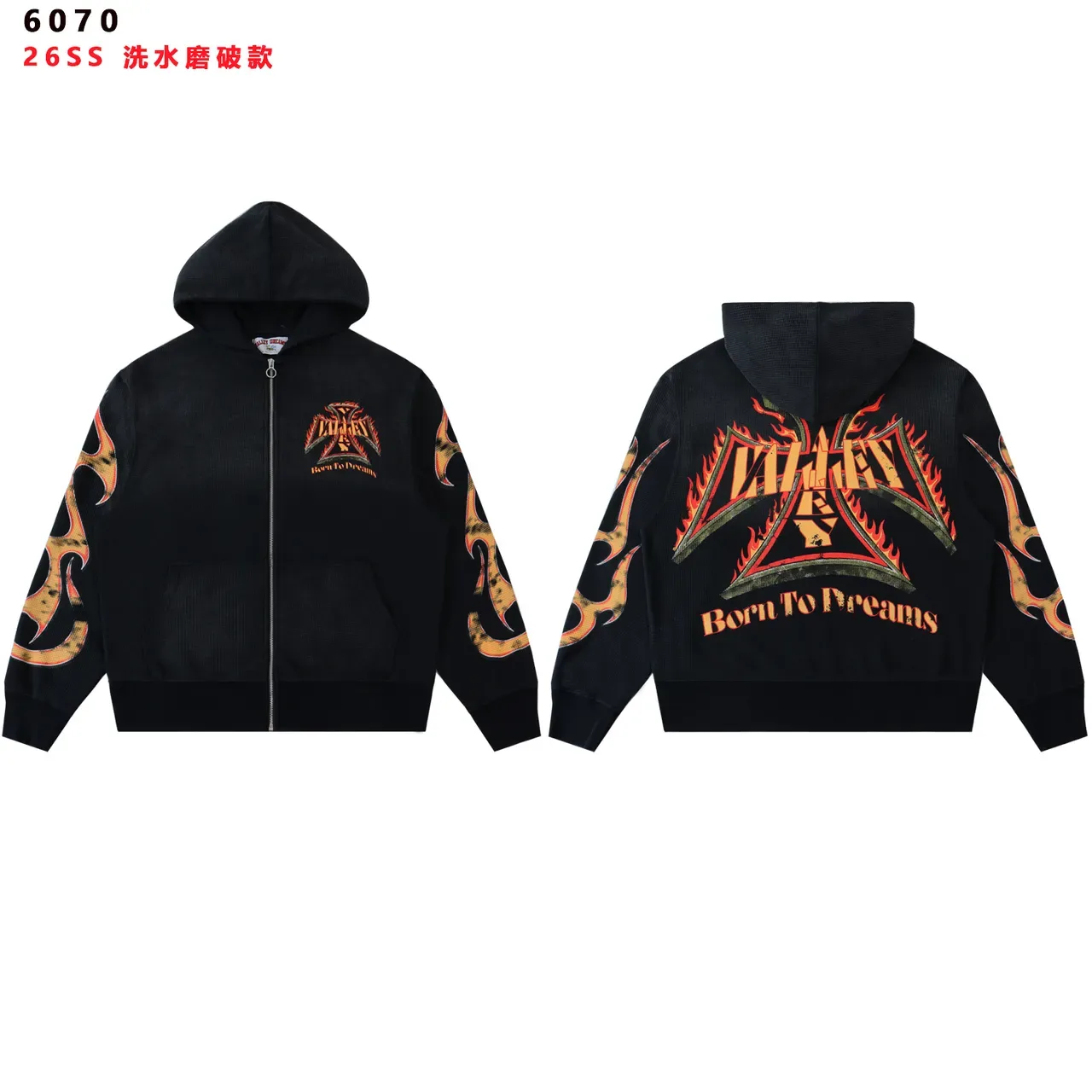 Black Flame-Print Washed Distressed Full-Zip Hoodie 2