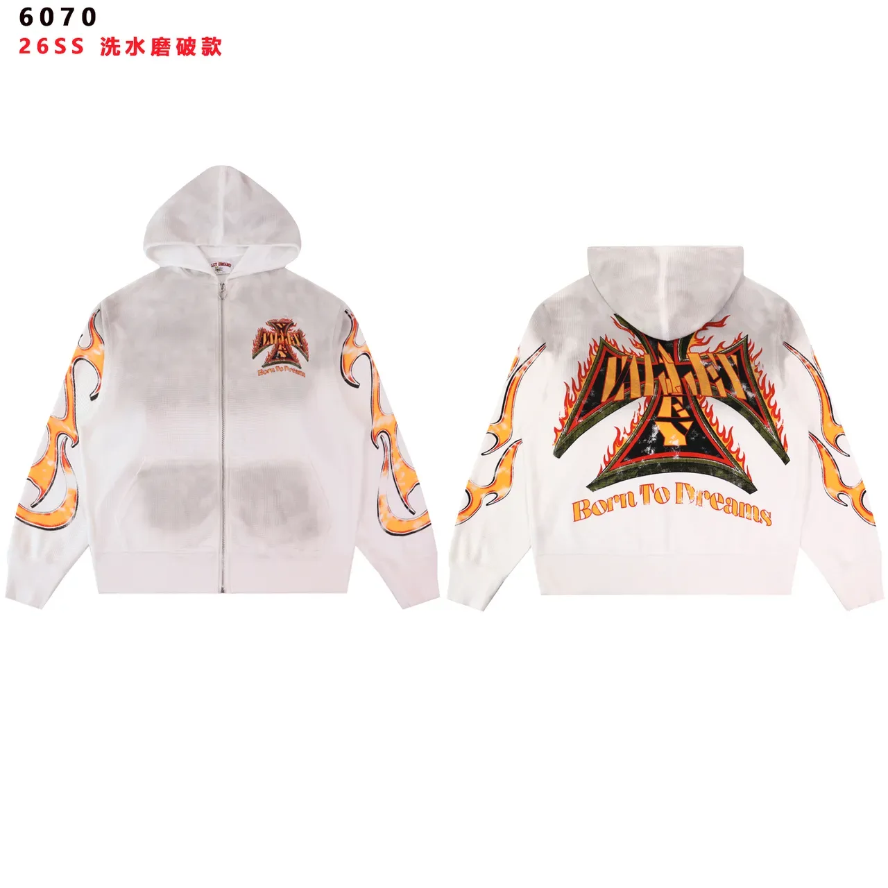 Black Flame-Print Washed Distressed Full-Zip Hoodie 3