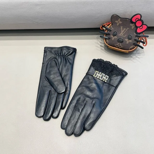 Black Gold Lace Cuff Leather Gloves 5