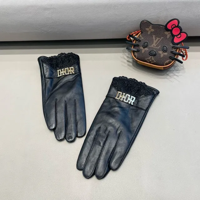 Black Gold Lace Cuff Leather Gloves 6