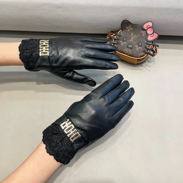 Black Gold Lace Cuff Leather Gloves 8
