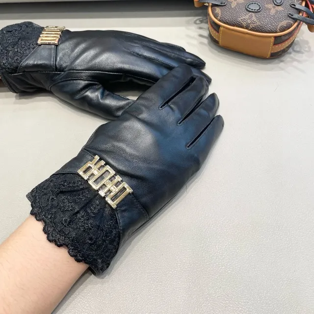 Black Gold Lace Cuff Leather Gloves 9