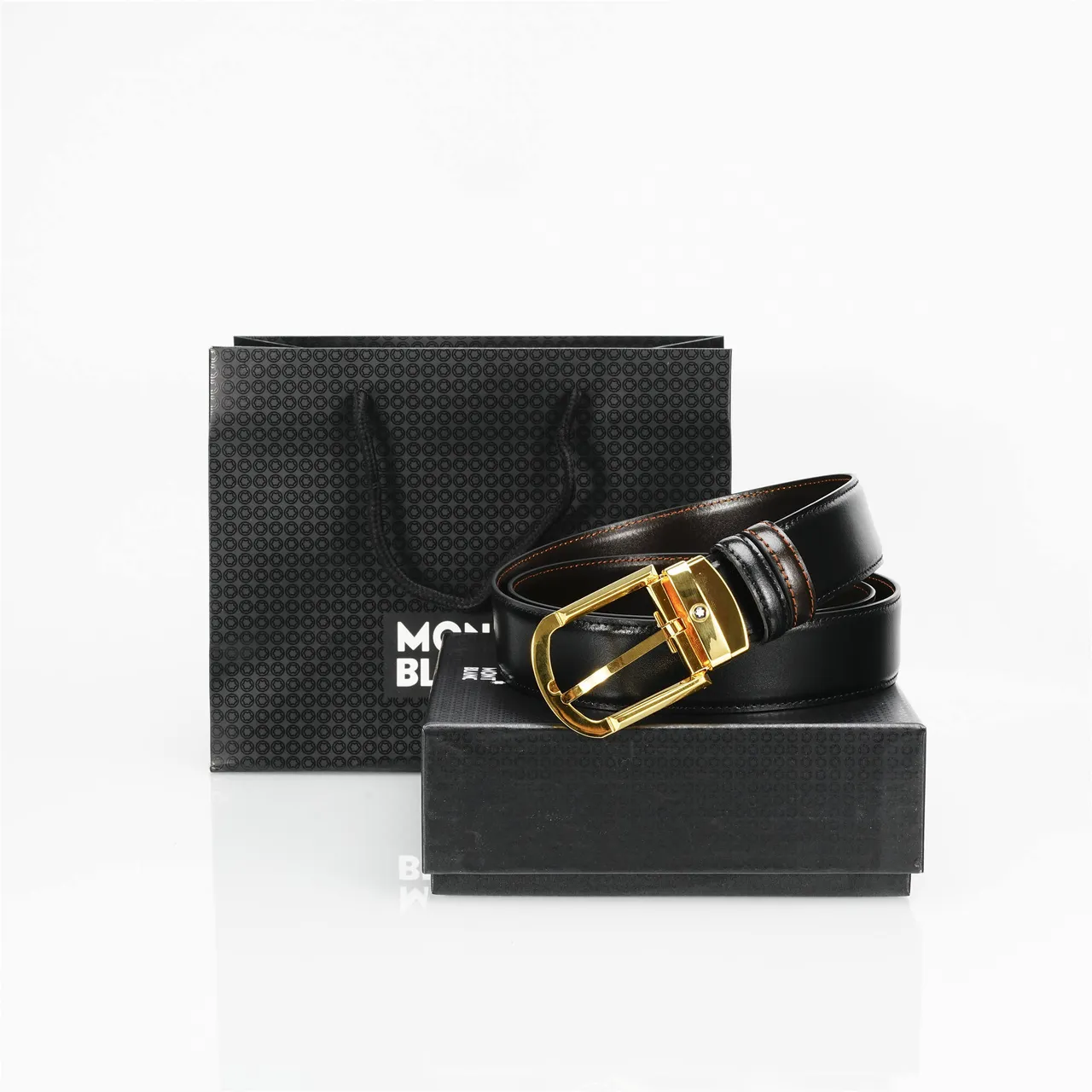Black Gold Smooth Rectangular Buckle Leather Belt 3