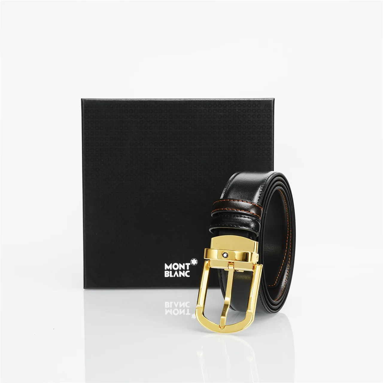 Black Gold Smooth Rectangular Buckle Leather Belt 4
