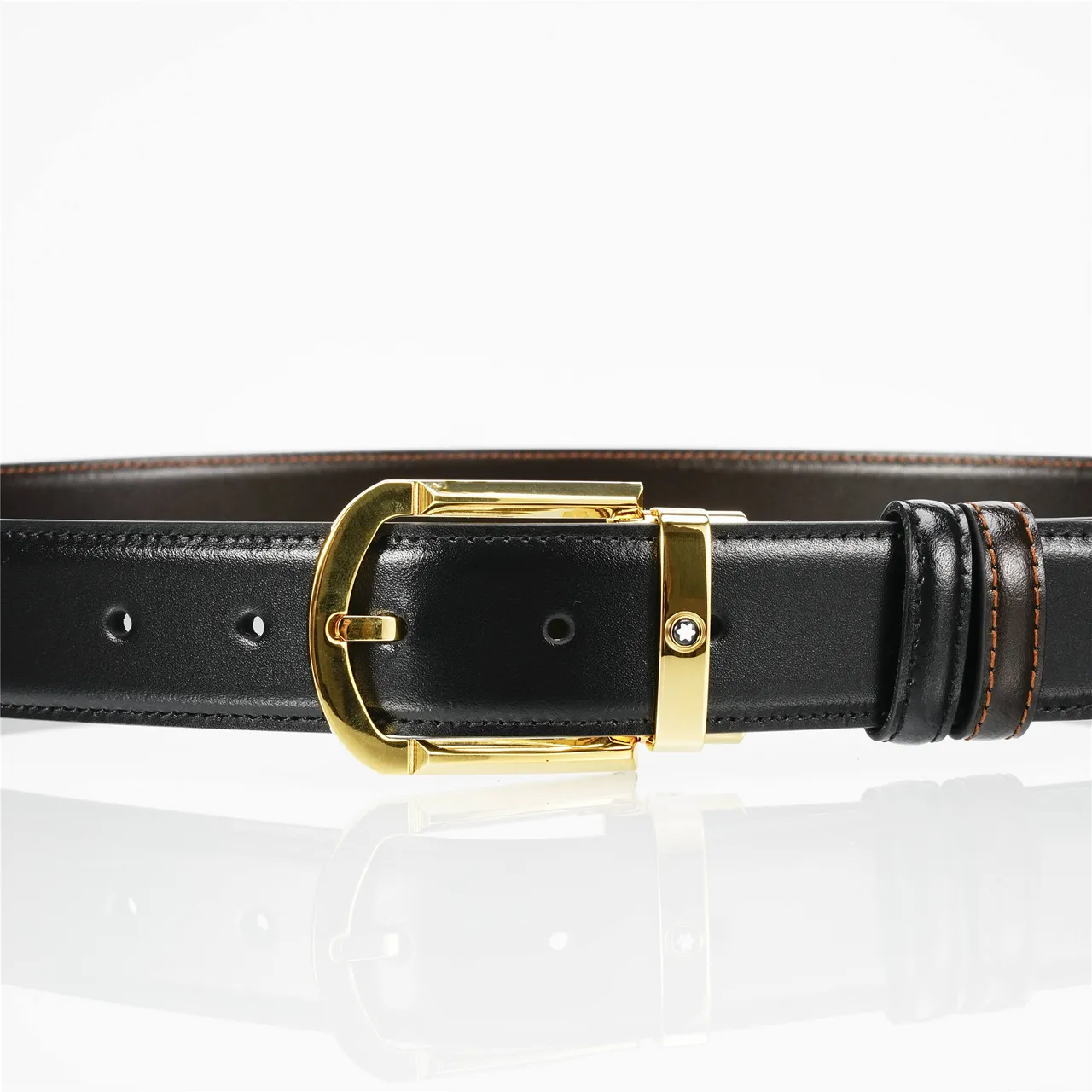 Black Gold Smooth Rectangular Buckle Leather Belt 6