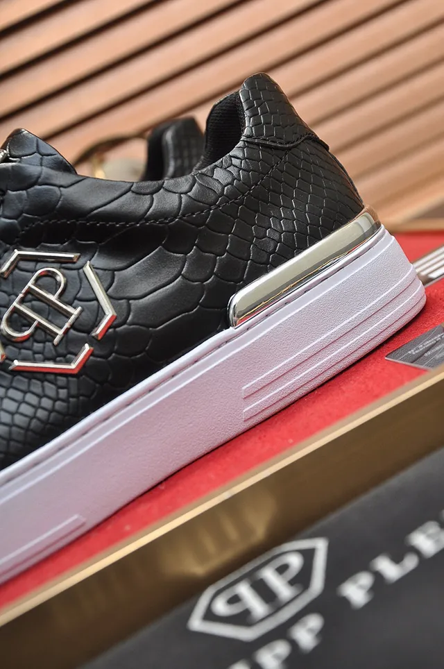 Black Gold Snake-Embossed Leather Hexagonal Logo Sneakers 2