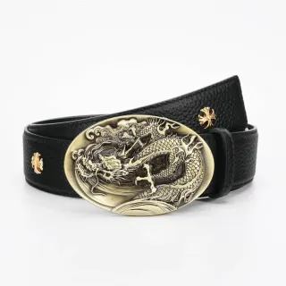 Black Gold Textured Pebbled Ornate Oval Dragon-Relief Buckle Leather Belt