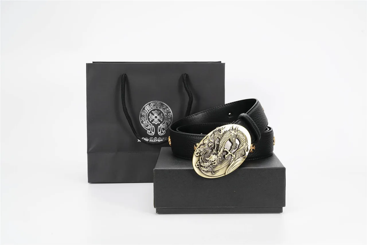 Black Gold Textured Pebbled Ornate Oval Dragon-Relief Buckle Leather Belt 4