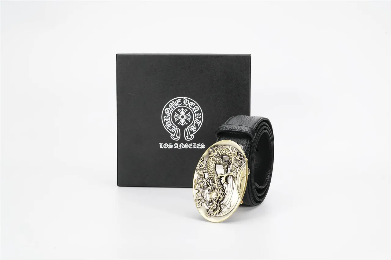 Black Gold Textured Pebbled Ornate Oval Dragon-Relief Buckle Leather Belt 5