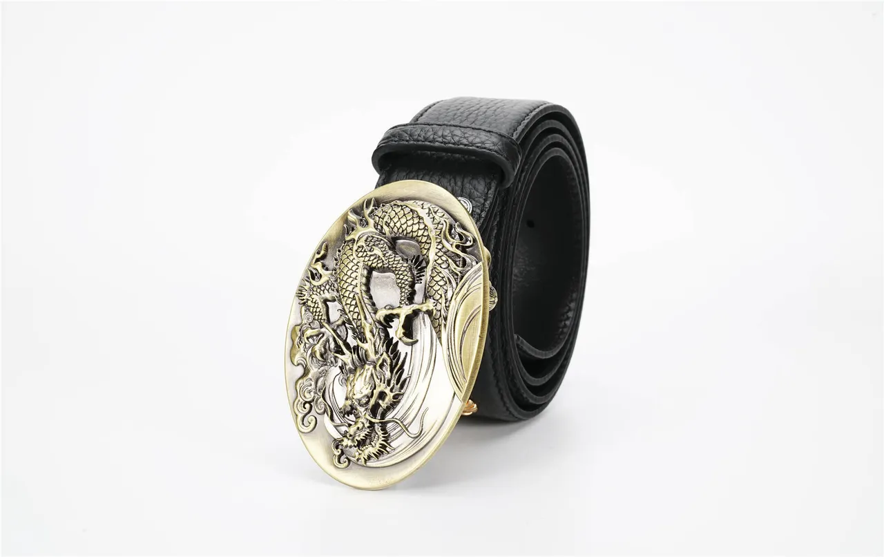 Black Gold Textured Pebbled Ornate Oval Dragon-Relief Buckle Leather Belt 6