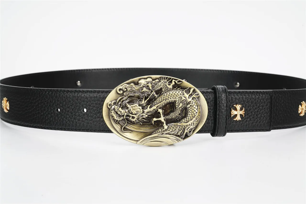 Black Gold Textured Pebbled Ornate Oval Dragon-Relief Buckle Leather Belt 8