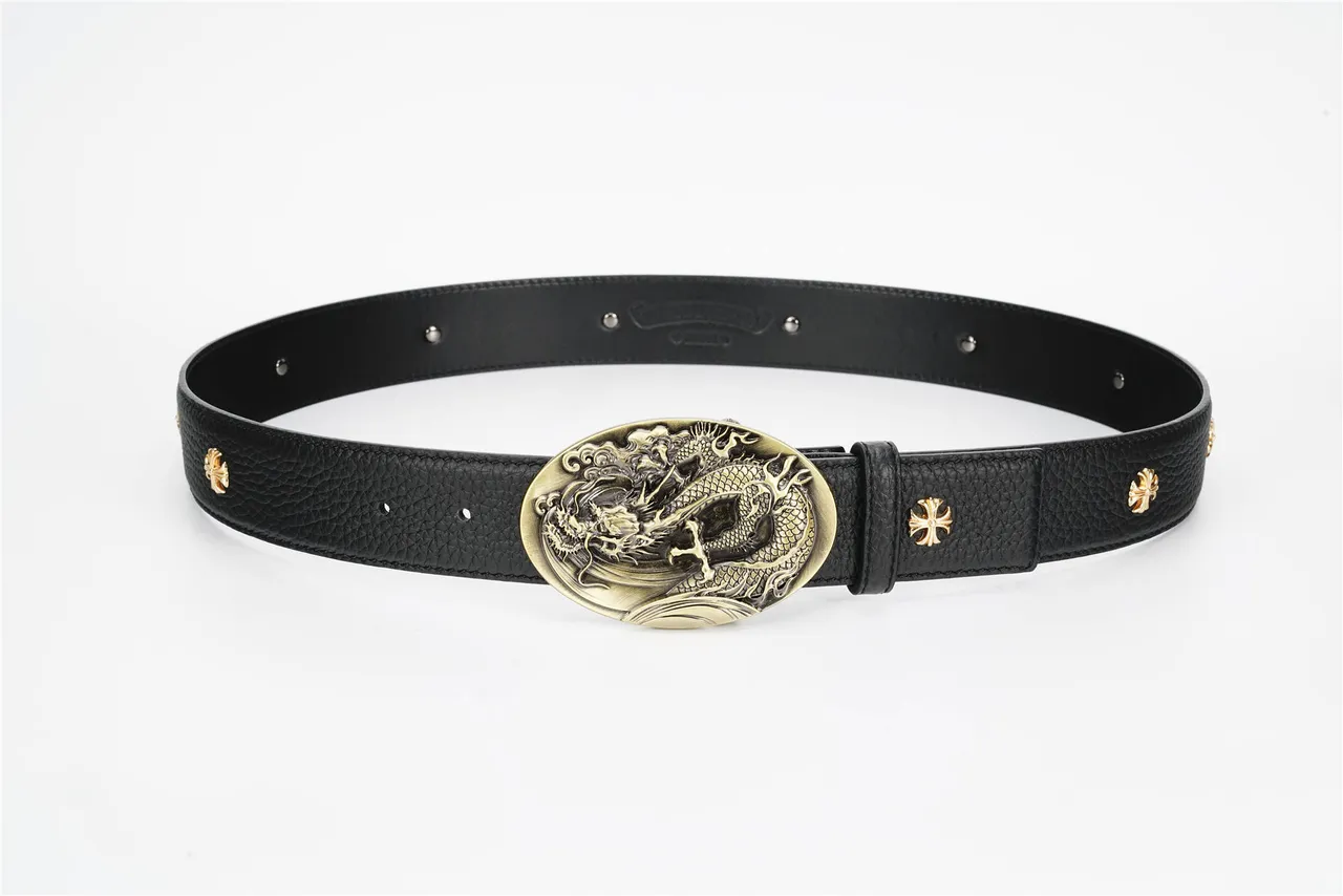 Black Gold Textured Pebbled Ornate Oval Dragon-Relief Buckle Leather Belt 9