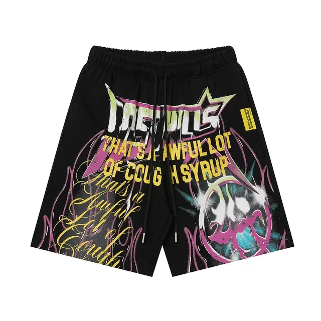 Black Graphic-Print Drawstring Waist Shorts 2