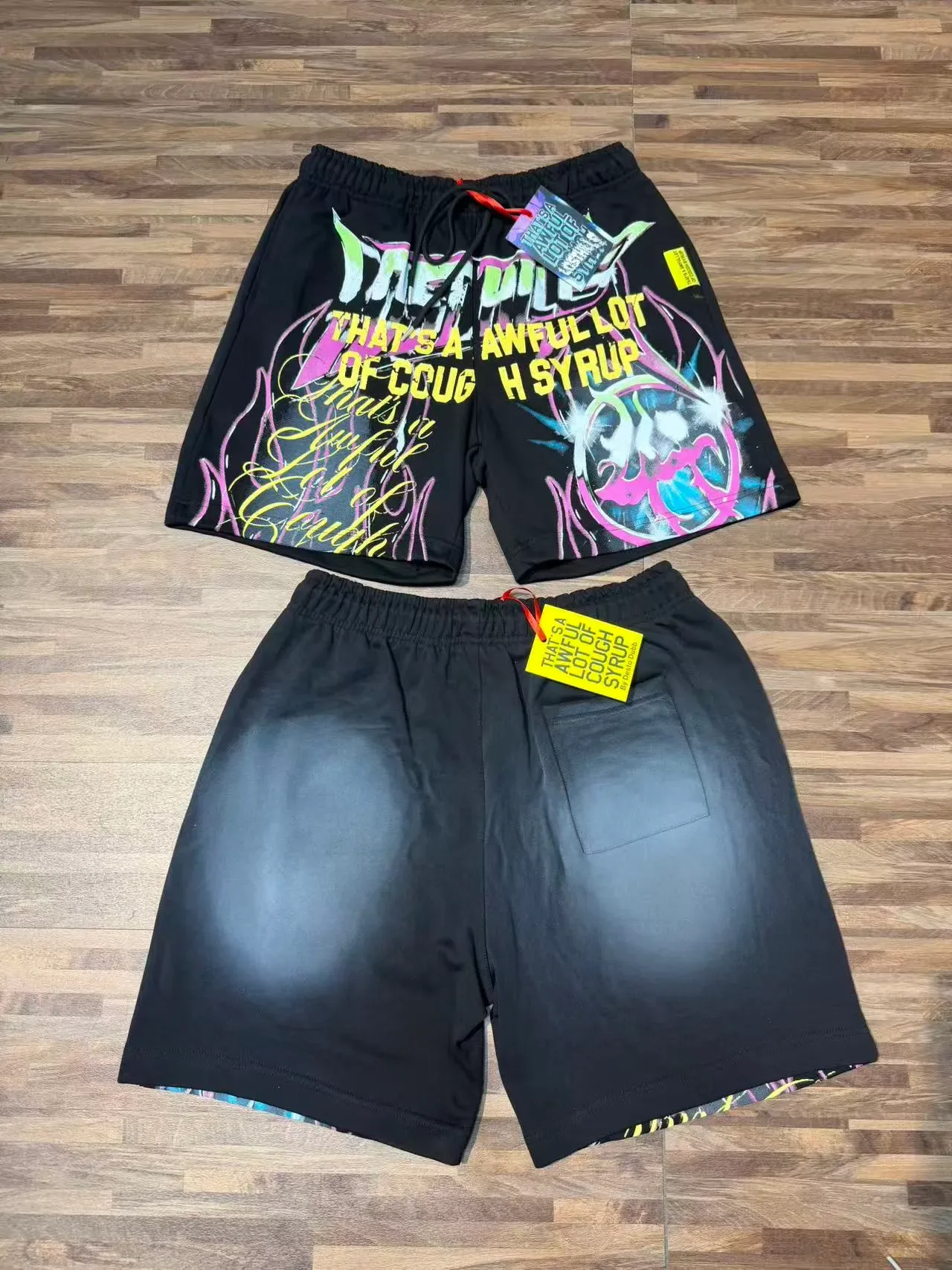 Black Graphic-Print Drawstring Waist Shorts 7