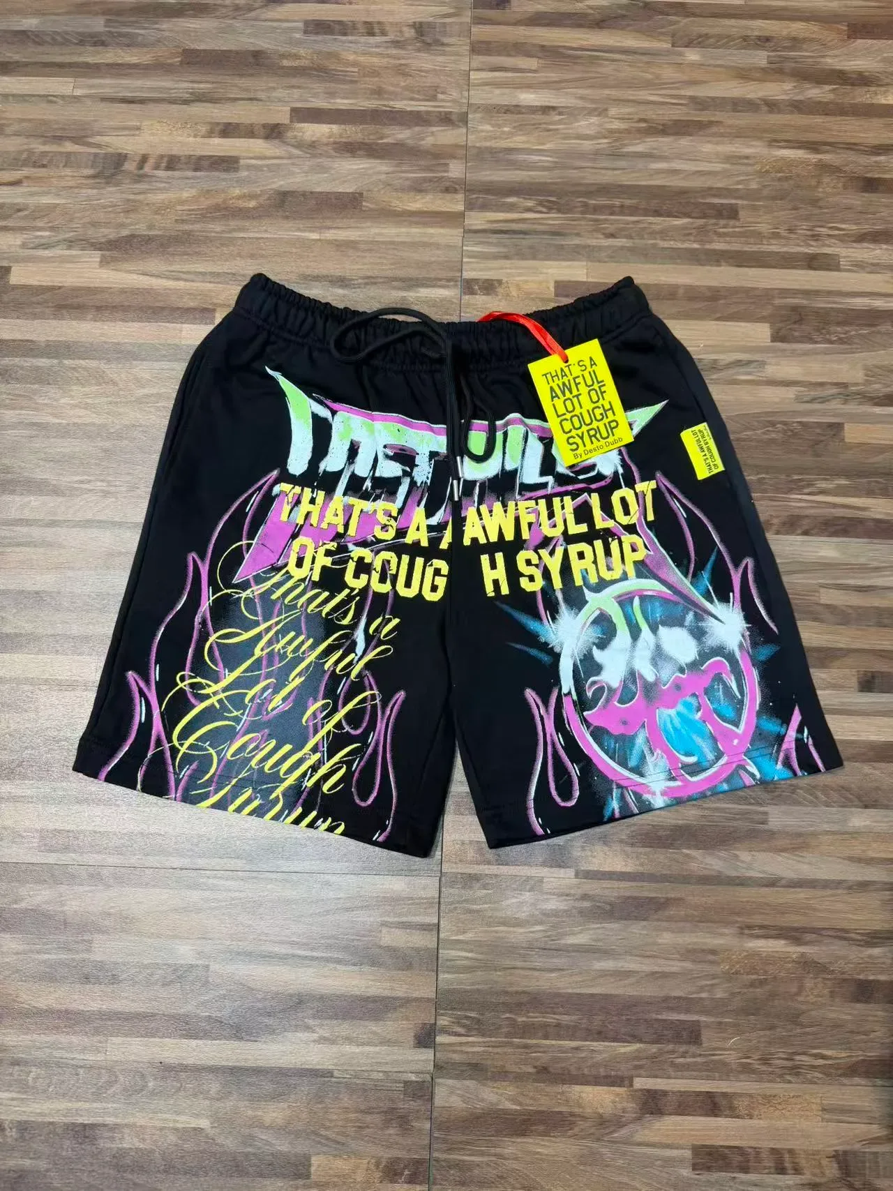 Black Graphic-Print Drawstring Waist Shorts 8