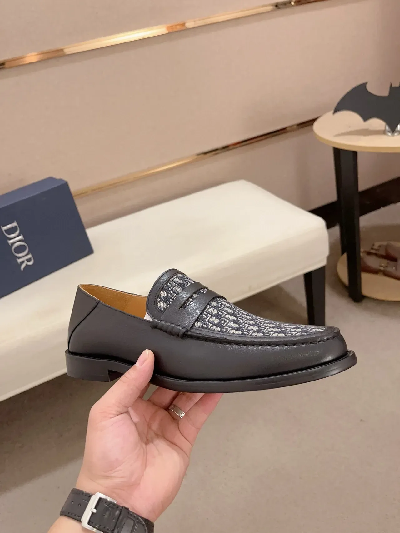 Black Gray Leather Monogrammed Fabric Vamp Loafer 4