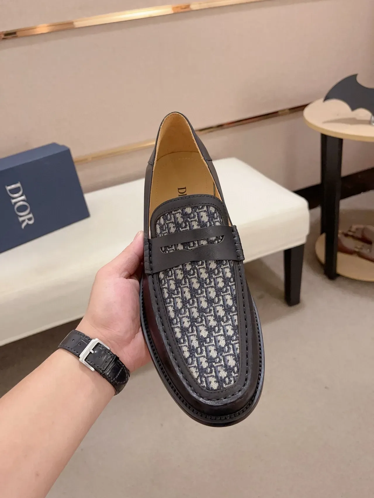 Black Gray Leather Monogrammed Fabric Vamp Loafer 5