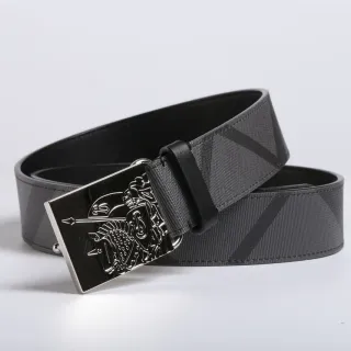 Black Gray Ornate Engraved Buckle Diagonal Stripe Pattern Leather Belt