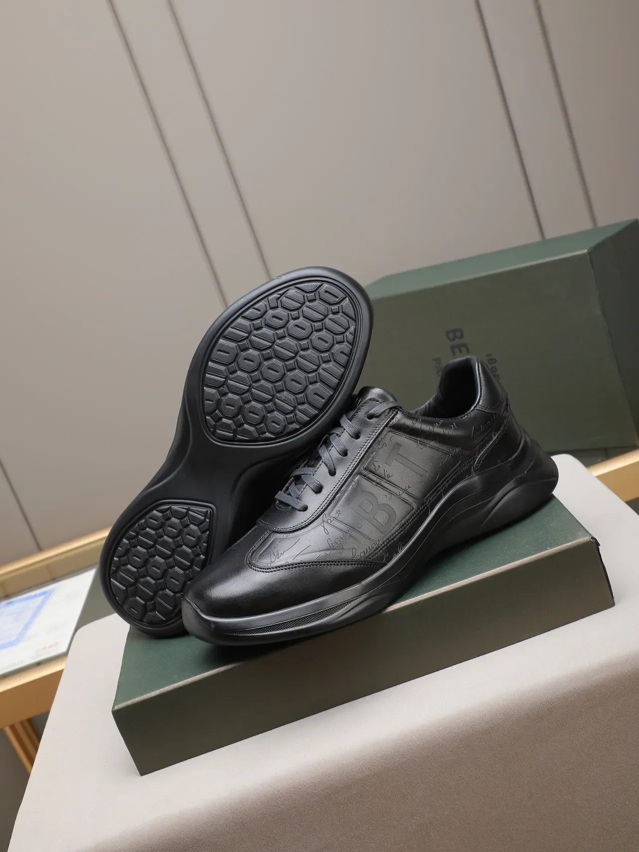 Black Leather Embossed Panel Lifestyle Sneaker 5