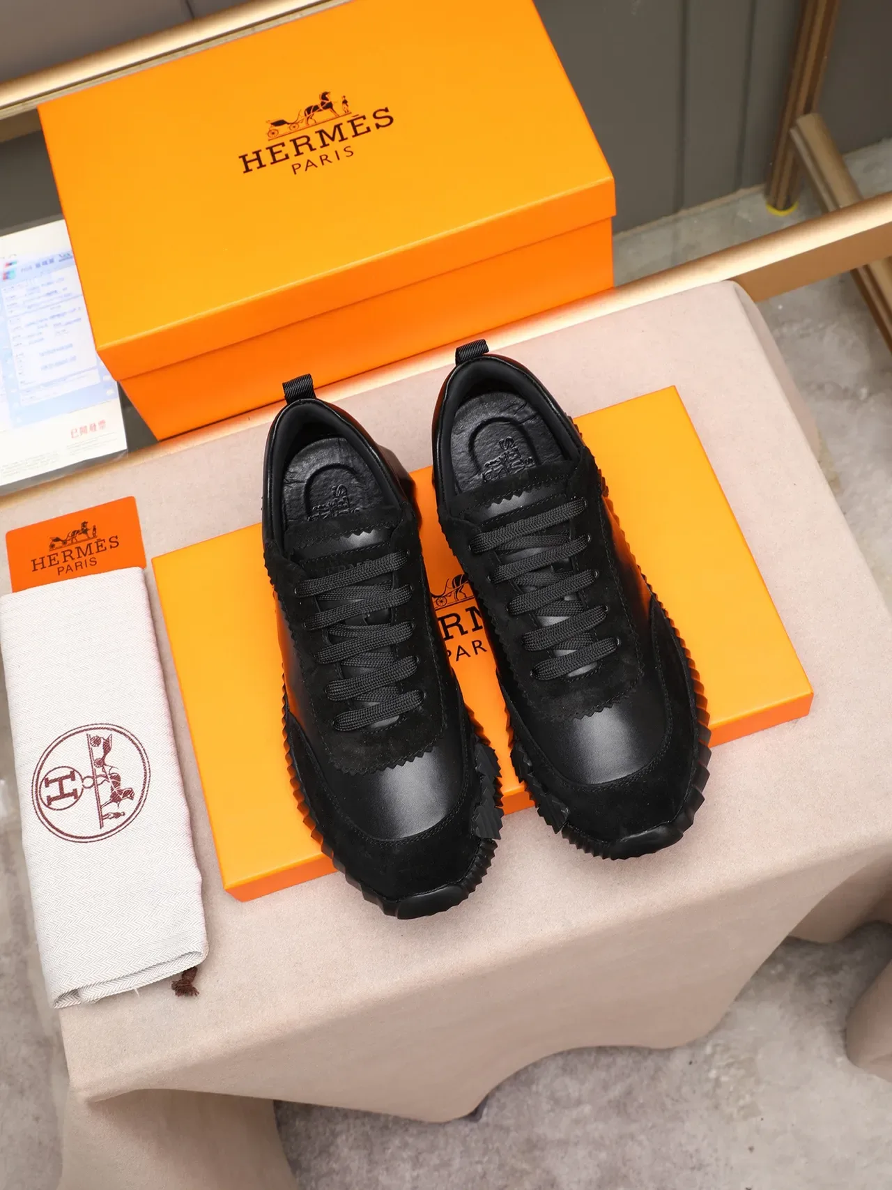 Black Leather-Suede Hybrid Scalloped Edge Chunky Sole Sneaker 4