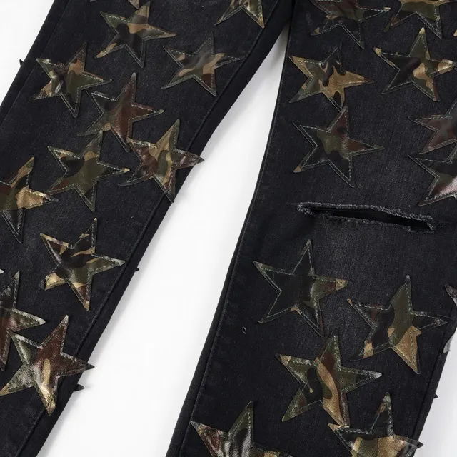 Black Metallic Star Appliqué Distressed Slim-Fit Jeans 2