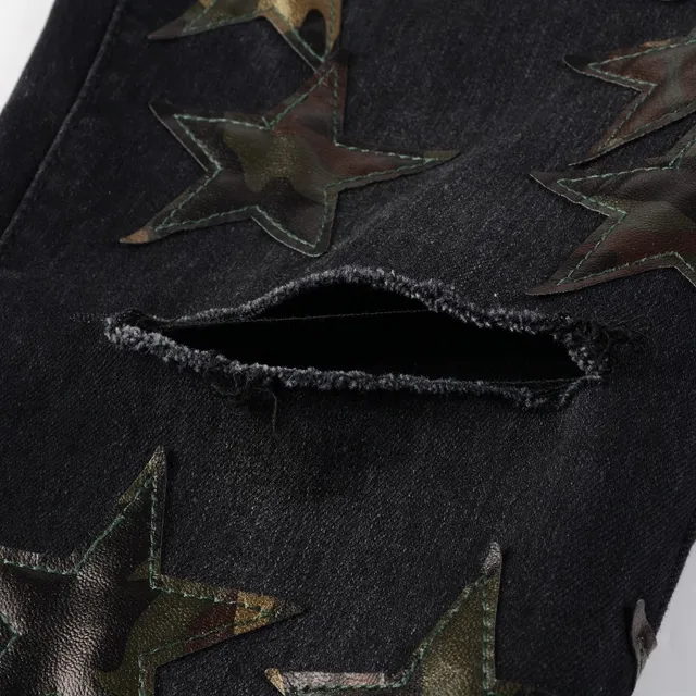 Black Metallic Star Appliqué Distressed Slim-Fit Jeans 3