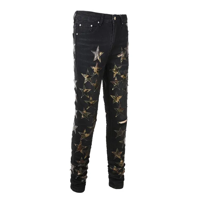 Black Metallic Star Appliqué Distressed Slim-Fit Jeans 9