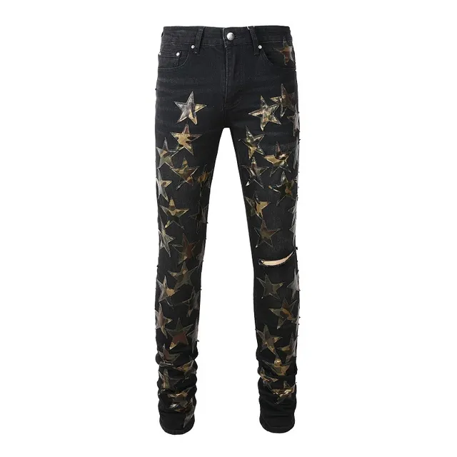 Black Metallic Star Appliqué Distressed Slim-Fit Jeans 10