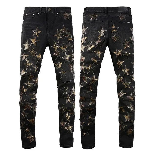 Black Metallic Star Appliqué Distressed Slim-Fit Jeans 11