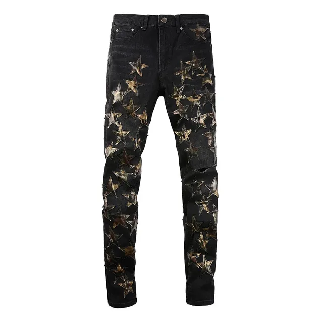 Black Metallic Star Appliqué Distressed Slim-Fit Jeans 13