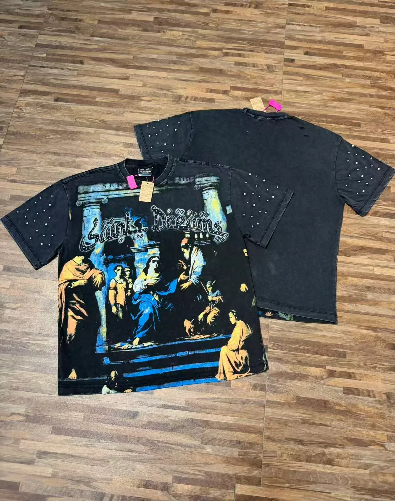 Black Multicolor Graphic-Print Embellished Sleeves T-Shirt 1
