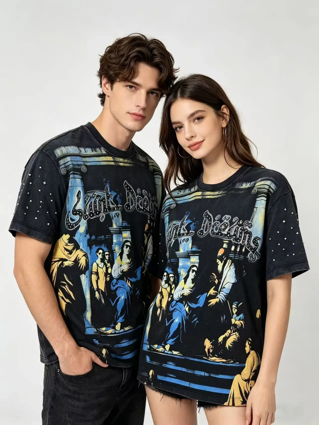 Black Multicolor Graphic-Print Embellished Sleeves T-Shirt 2