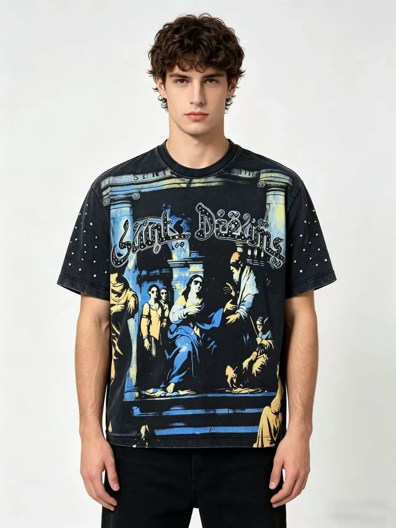Black Multicolor Graphic-Print Embellished Sleeves T-Shirt 3