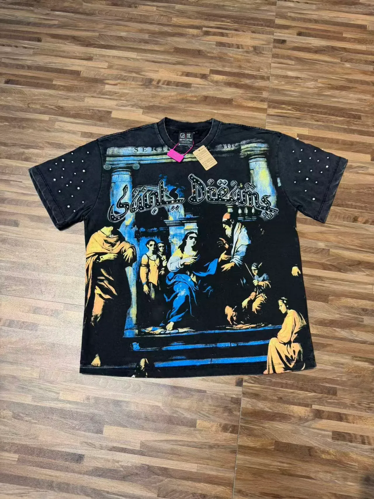 Black Multicolor Graphic-Print Embellished Sleeves T-Shirt 6