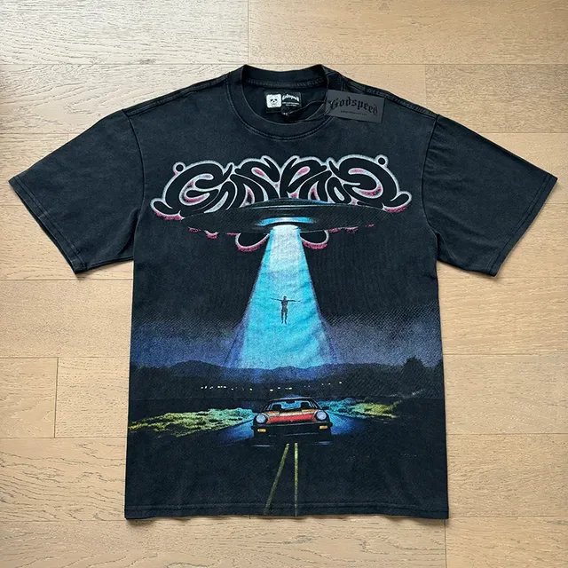 Black Oversized Double-Sided Graphic Print UFO T-Shirt 5