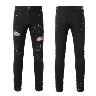 Black Paint-Splatter Distressed Slim-Fit Jeans