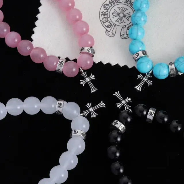 Black Pink Beaded Stretch Cross Charm Bracelet 8