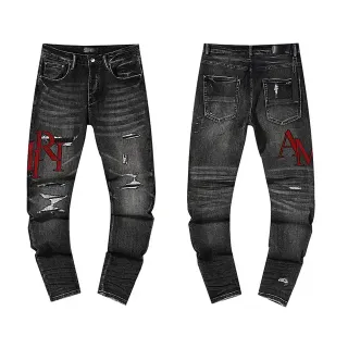 Black Red Distressed Graphic-Embroidered Jeans