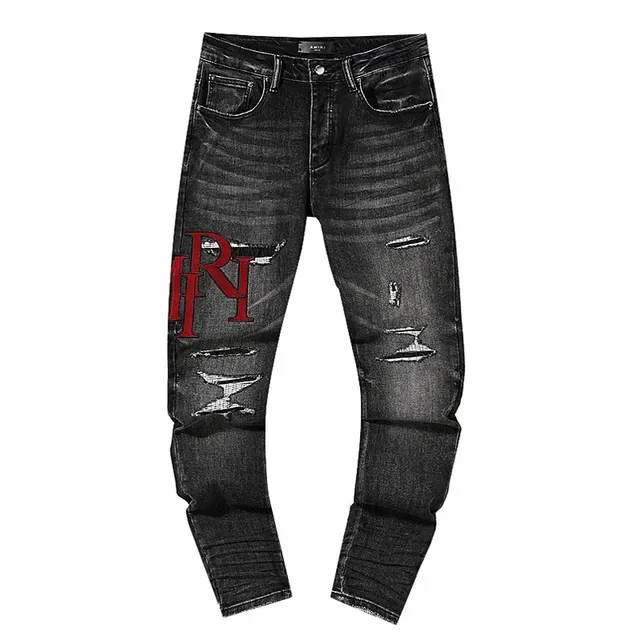 Black Red Distressed Graphic-Embroidered Jeans 2