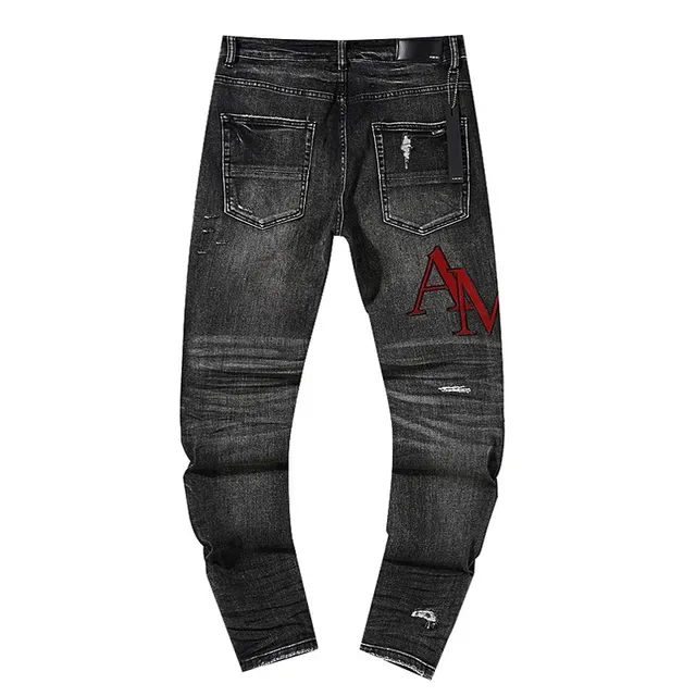Black Red Distressed Graphic-Embroidered Jeans 3