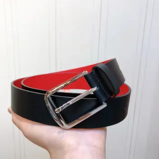 Black Red Reversible Polished Silver-Tone Rectangular Buckle Leather Belt