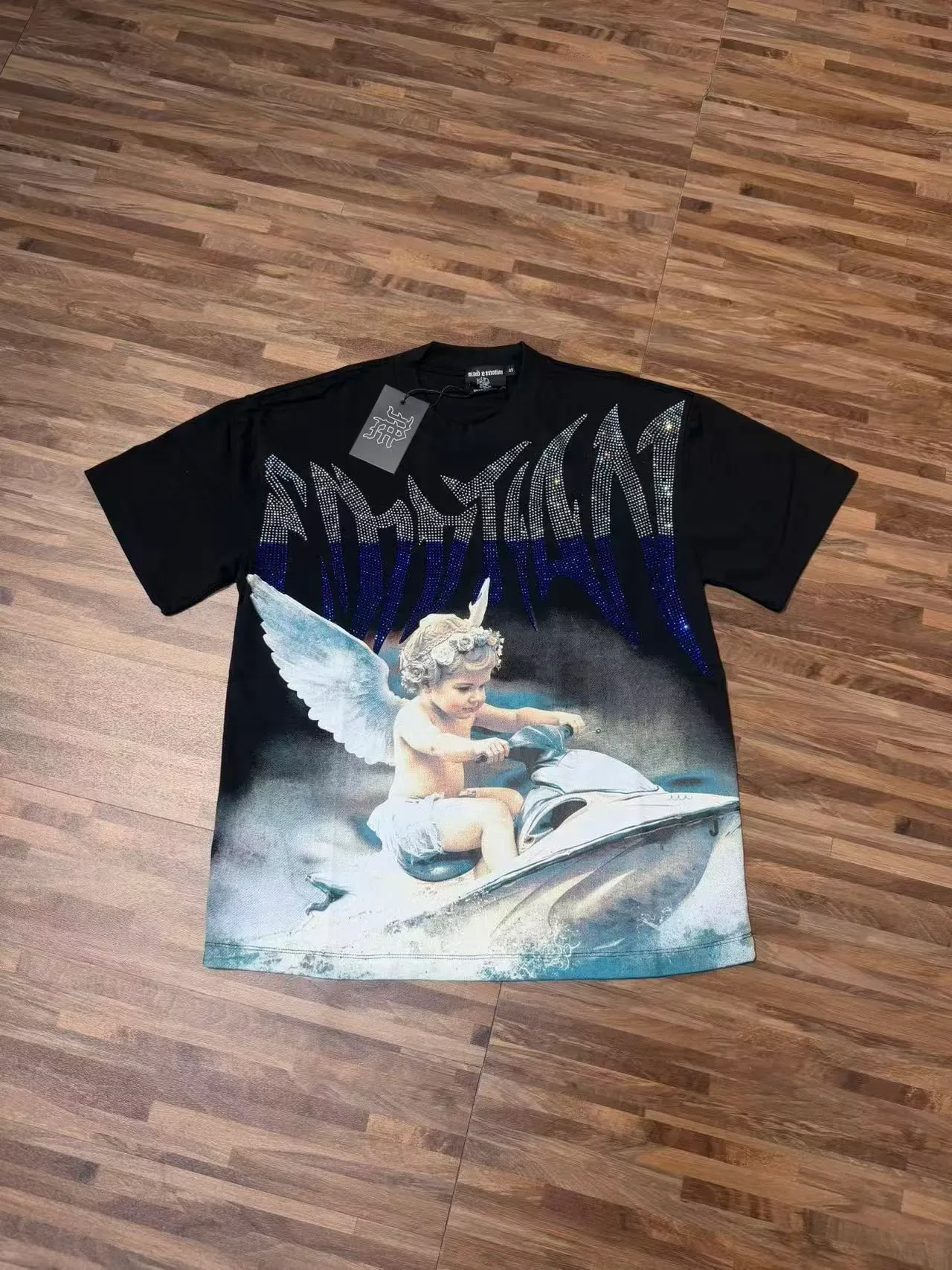 Black Rhinestone-Embellished Cherub Jet Ski Graphic T-Shirt 2