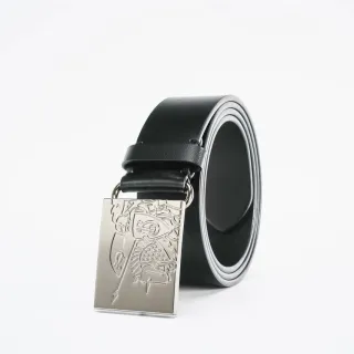 Black Silver Strap Rectangular Engraved Buckle Leather Belt