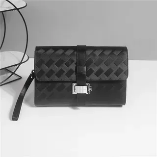 Black Silver Woven-Textured Leather Flap-Over Closure Clutch
